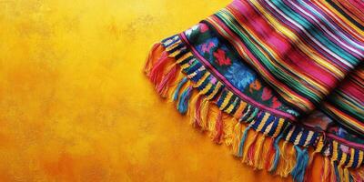 Colorful woven textile with vibrant stripes and fringes against a bright yellow backdrop creating an eye-catching display photo