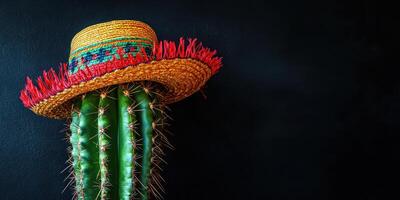 Cactus wearing a colorful sombrero stands out against a dark background in a playful display of culture and nature photo