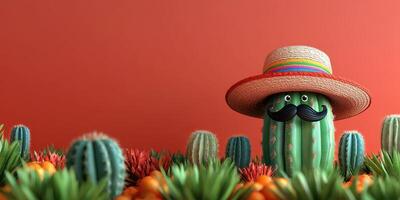 Cactus with a sombrero and mustache surrounded by colorful vegetation against a bright background photo