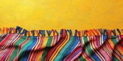 Vibrant textile draped against a warm yellow wall showcasing traditional patterns and colors photo