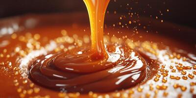 Golden caramel sauce flowing smoothly over a rich chocolate dessert in a warm and inviting kitchen setting photo