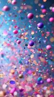 Colorful confetti floats in a vibrant display during a festive celebration in the evening photo