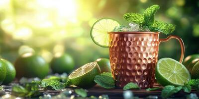 Refreshing cocktail with mint and lime served in a copper mug during a sunny afternoon in a lush green garden photo