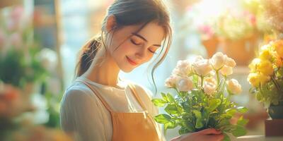 Woman smiles while arranging fresh flowers in a sunlit shop filled with colorful blooms photo