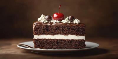 Indulgent chocolate cake with cherry topping served on a plate in a warm setting photo