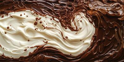 Swirls of creamy white chocolate and rich dark chocolate creating an artistic blend on a smooth surface photo