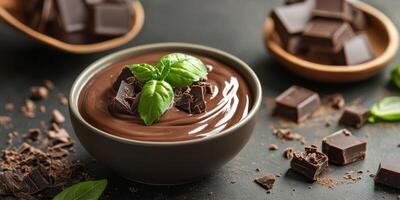 Decadent chocolate dessert served in a bowl with fresh basil leaves and chocolate chunks photo