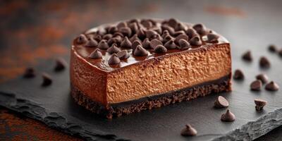 Delicious chocolate mousse cake on a slate plate with chocolate chips in a cozy setting photo