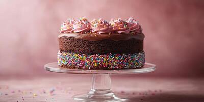 Delicious chocolate cake with colorful sprinkles and frosting displayed on a glass cake stand photo