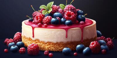 Decadent cheesecake topped with fresh berries and raspberry sauce on a dark background photo