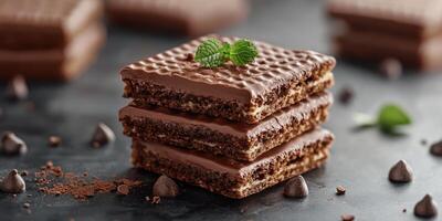 Delicious chocolate wafers stacked on a dark surface garnished with mint leaves in a cozy kitchen setting photo