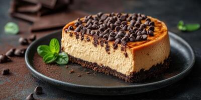 Creamy cheesecake topped with chocolate chips on a dark plate with mint garnish in a cozy dining setting photo