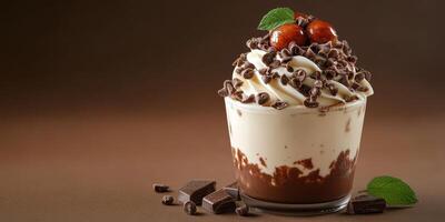 Creamy dessert topped with chocolate and berries served in a glass on a dark background photo