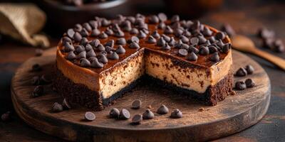 Decadent chocolate cheesecake with chocolate chips served on a wooden platter photo