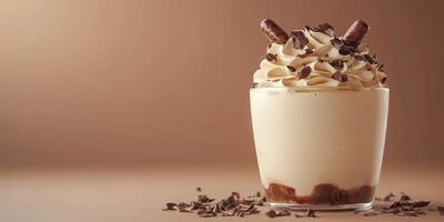 Creamy dessert topped with chocolate curls and biscuit sticks in an inviting setting photo