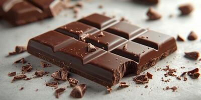 Delicious dark chocolate bar with pieces broken off on a gray surface photo