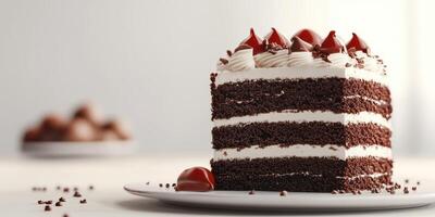Decadent chocolate cake with layers of cream and decorative toppings displayed on a white plate photo