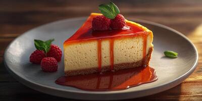 Delicious cheesecake topped with raspberries and fruit sauce on a rustic wooden table in a cozy setting photo