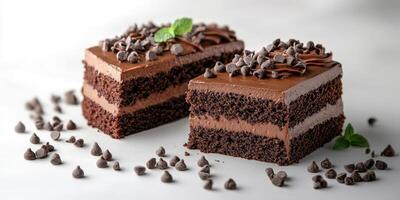Decadent chocolate layer cake with chocolate chips and mint garnish on a white background photo