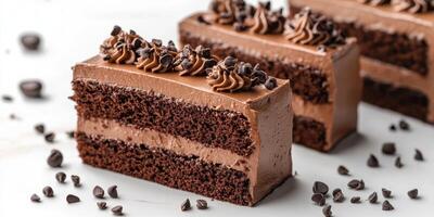 Chocolate cake slices arranged with chocolate chips on a white background photo