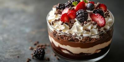 Delicious chocolate parfait layered with fresh berries and whipped cream served in a glass bowl photo