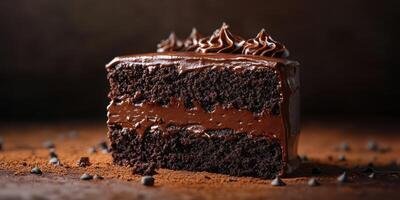 Decadent chocolate cake slice with rich frosting displayed on a rustic wooden surface, appealing to dessert lovers photo