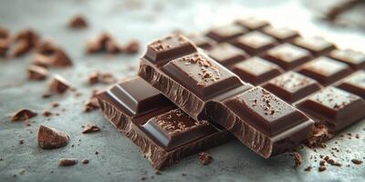 Chocolate bars arranged beautifully on a textured surface surrounded by cocoa pieces and crumbs photo