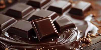 Dark chocolate pieces melting on a wooden surface with cocoa powder scattered around in a cozy setting photo