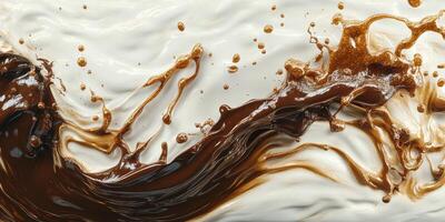 Cream and coffee swirl creates artistic mix in liquid form at a close-up perspective photo