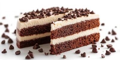 Layers of chocolate cake topped with chocolate chips on a white background inviting sweet indulgence photo