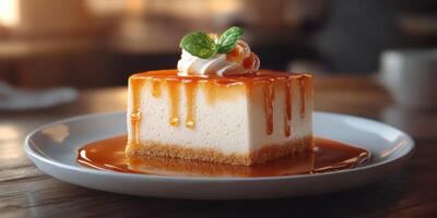 Delicious cheesecake dessert served on a plate with caramel drizzle and whipped cream in a cozy cafe setting photo