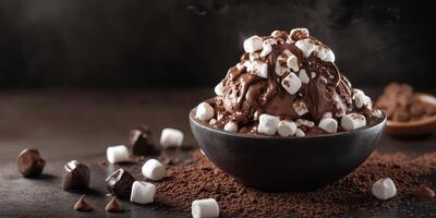 Delicious bowl of chocolate ice cream topped with marshmallows and chocolate chips on a dark surface photo