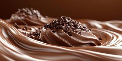 Rich chocolate dessert with chocolate chips surrounded by smooth chocolate sauce in an inviting setting photo