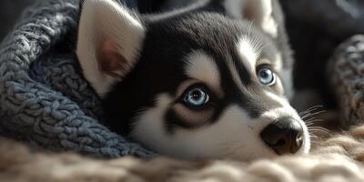 Cute husky puppy resting comfortably under a cozy blanket in a warm indoor setting during the afternoon photo