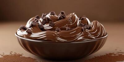 Creamy chocolate mousse topped with chocolate chips served in a bowl photo