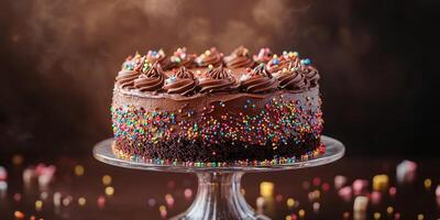 Delicious chocolate cake topped with colorful sprinkles served on a glass cake stand photo