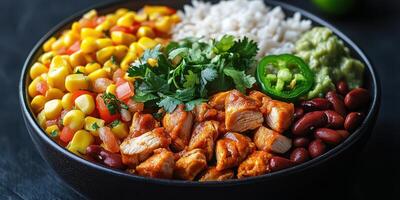 Colorful and nutritious bowl filled with chicken, rice, beans, corn, and fresh vegetables at a local restaurant during lunchtime photo