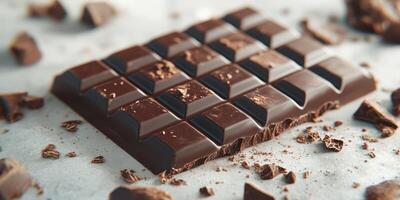 Delicious dark chocolate bar with chunks and shavings on a textured surface in natural light photo
