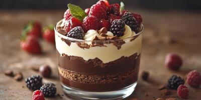 Delicious dessert features layers of chocolate cream, fresh berries, and whipped topping in a stylish glass bowl photo