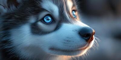 Siberian husky puppy with striking blue eyes gazes thoughtfully at the surroundings during a peaceful afternoon photo