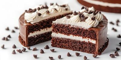 Delicious chocolate layer cake with cream frosting and chocolate chips on display photo