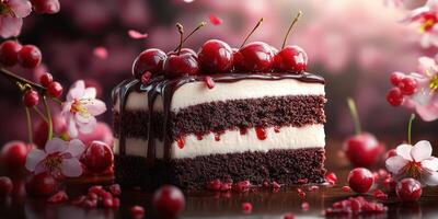 Chocolate cake with cherry topping and floral decoration set on a wooden surface in a bright, softened light photo