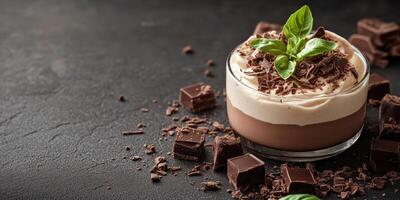 Creamy chocolate dessert topped with fresh basil and chocolate shavings on a dark textured surface photo