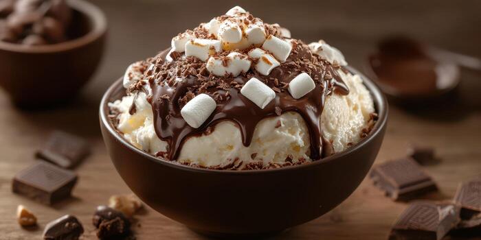 Indulgent dessert featuring creamy ice cream topped with chocolate, marshmallows, and cocoa in a rustic setting photo