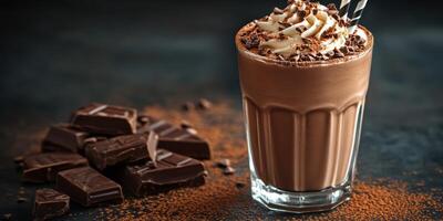 Delicious chocolate milkshake topped with whipped cream and chocolate shavings served with dark chocolate pieces photo
