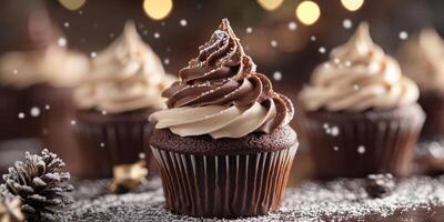 Indulge in festive chocolate cupcakes topped with creamy swirls during a winter celebration photo