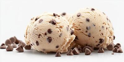 Creamy chocolate chip ice cream scoops with chocolate drops on a white background photo