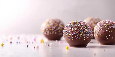 Chocolate truffles coated with colorful sprinkles on a light background, showcasing dessert artistry photo