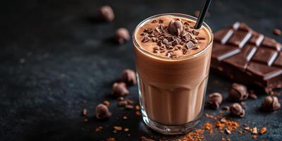 Creamy chocolate beverage topped with cocoa nibs and dark chocolate pieces on a dark countertop photo