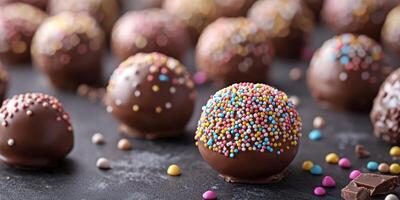 Delicious chocolate truffles covered in colorful sprinkles arranged on a dark surface for an inviting dessert display photo